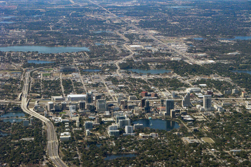 Aerial view of downtown Orlando with Lake Eola
