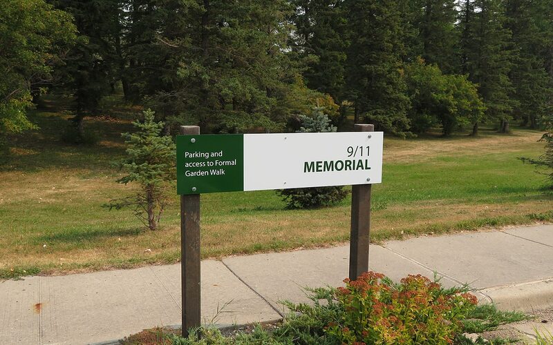 Floral displays and Peace Tower at the International Peace Garden on the North Dakota-Manitoba border
