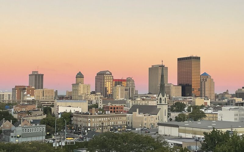 Dayton, Ohio downtown skyline at sunset