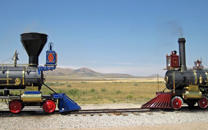 Replica locomotives Jupiter and Union Pacific No. 119 facing each other at Golden Spike National Historical Park at Promontory Summit, Utah