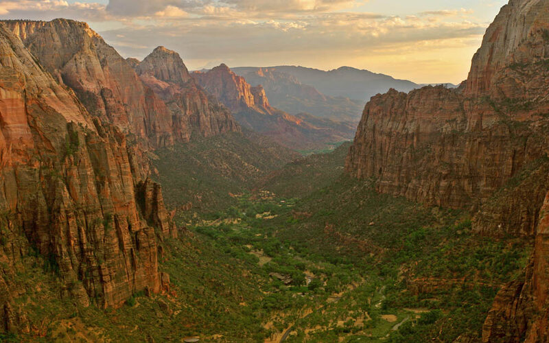 Towering red sandstone cliffs in Zion National Park, Utah