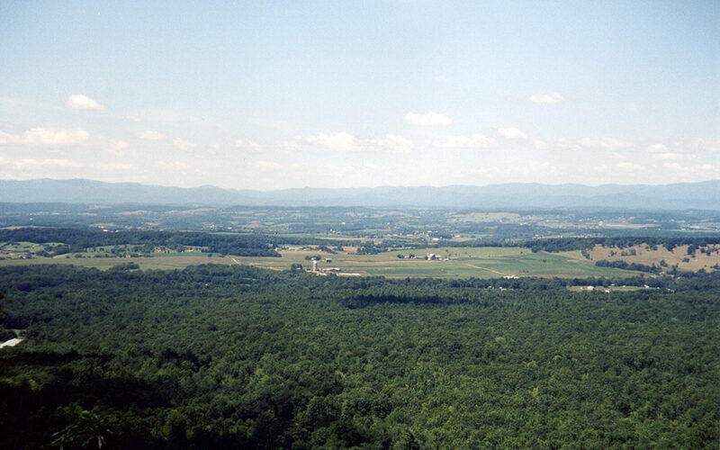Panoramic view across the Shenandoah Valley from the Blue Ridge Mountains with farmland, forests, and the Allegheny range in the distance, Virginia