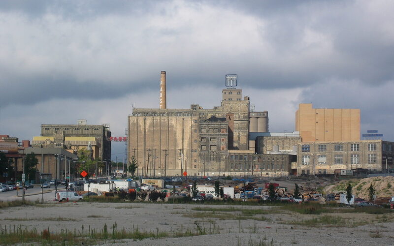 Historic Pabst Brewing Company complex with smokestack and brick buildings in Milwaukee, Wisconsin